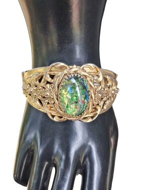 Vintage Whiting & Davis Gold Tone Victorian Revival Bangle - Dichroic Glass